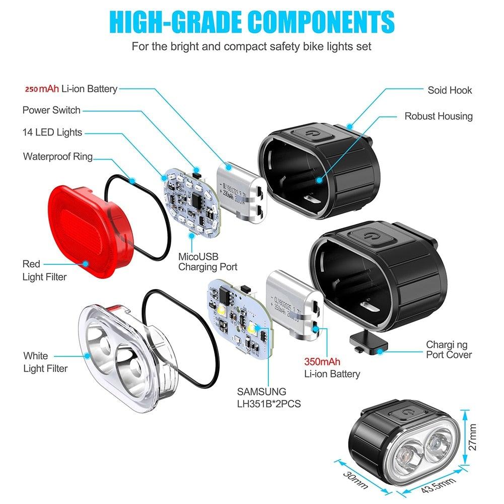 2 lampes LED de vélo, avant et arrière, rechargeables par USB, phares de vélo, feux arrière de cyclisme, éclairage super lumineux avant et arrière de vélo, rechargeables par USB, durables, étanches, pour VTT, casque, route, conduite de nuit, pour vélo