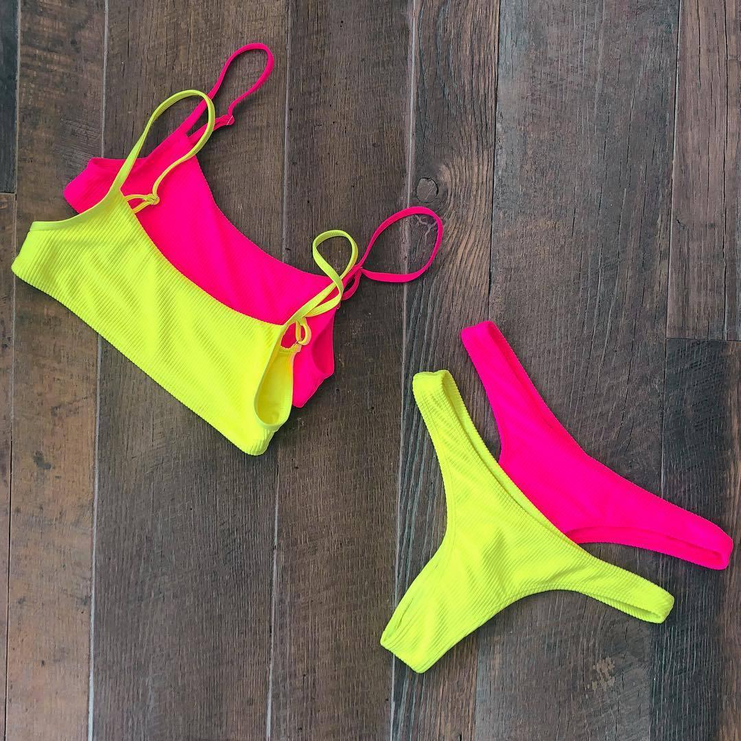 Maillot de bain jaune vert fluo femme Push Up rembourré Micro Bikini été maillot de bain plage maillot de bain femme col rond découpe avant lacets dos coupe haute une pièce maillot de bain