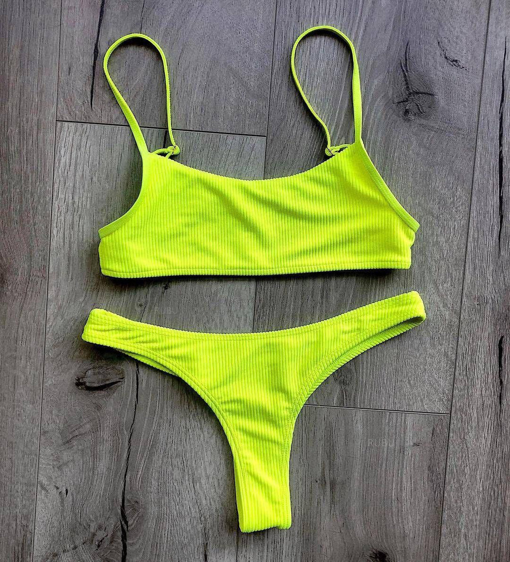 Maillot de bain jaune vert fluo femme Push Up rembourré Micro Bikini été maillot de bain plage maillot de bain femme col rond découpe avant lacets dos coupe haute une pièce maillot de bain