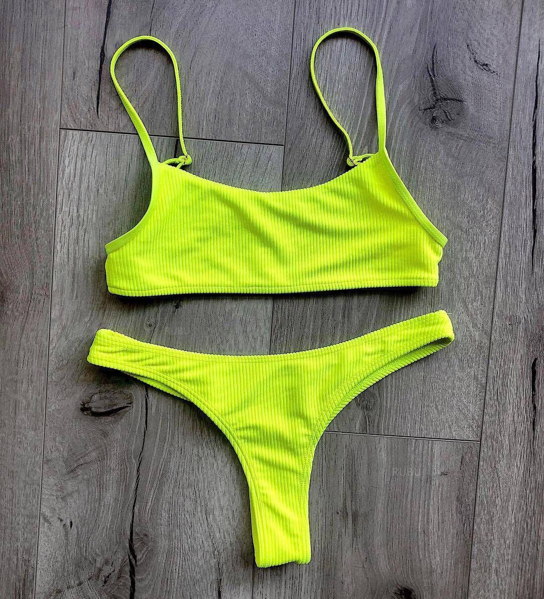 Maillot de bain jaune vert fluo femme Push Up rembourré Micro Bikini été maillot de bain plage maillot de bain femme col rond découpe avant lacets dos coupe haute une pièce maillot de bain