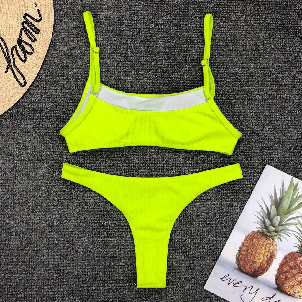 Maillot de bain jaune vert fluo femme Push Up rembourré Micro Bikini été maillot de bain plage maillot de bain femme col rond découpe avant lacets dos coupe haute une pièce maillot de bain