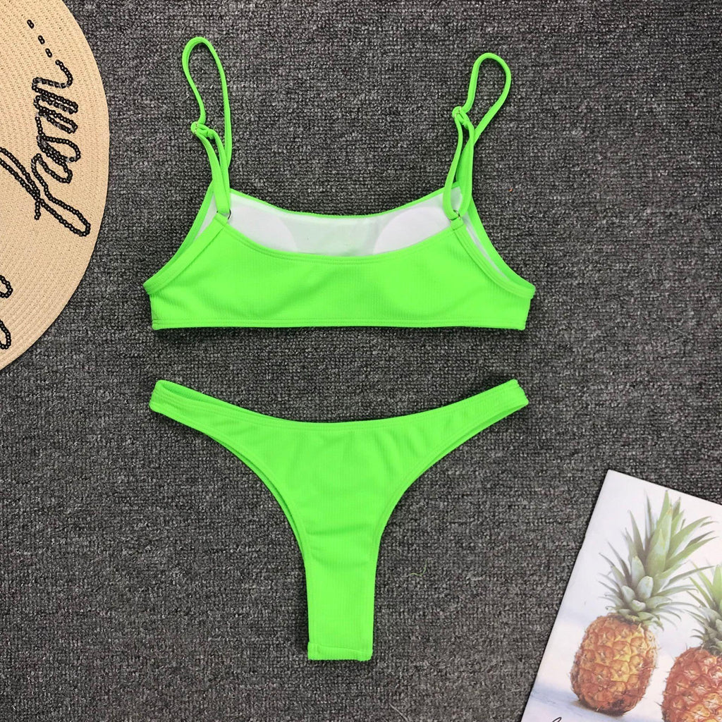 Maillot de bain jaune vert fluo femme Push Up rembourré Micro Bikini été maillot de bain plage maillot de bain femme col rond découpe avant lacets dos coupe haute une pièce maillot de bain