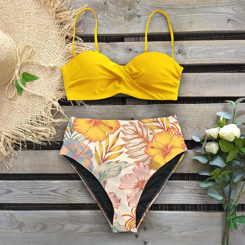 Maillot de bain bikini pour femme, push-up, ensemble bikini imprimé feuilles, taille haute pour femme, maillot de bain imprimé floral, devant torsadé, ensemble bikini taille haute.