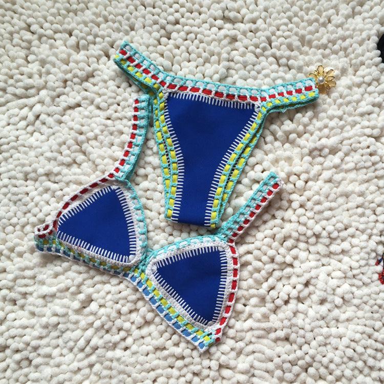 Maillot de bain bikini fait main en tricot au crochet pour femmes, ensemble deux pièces avec liens sur les côtés, maillot de bain triangle de plage