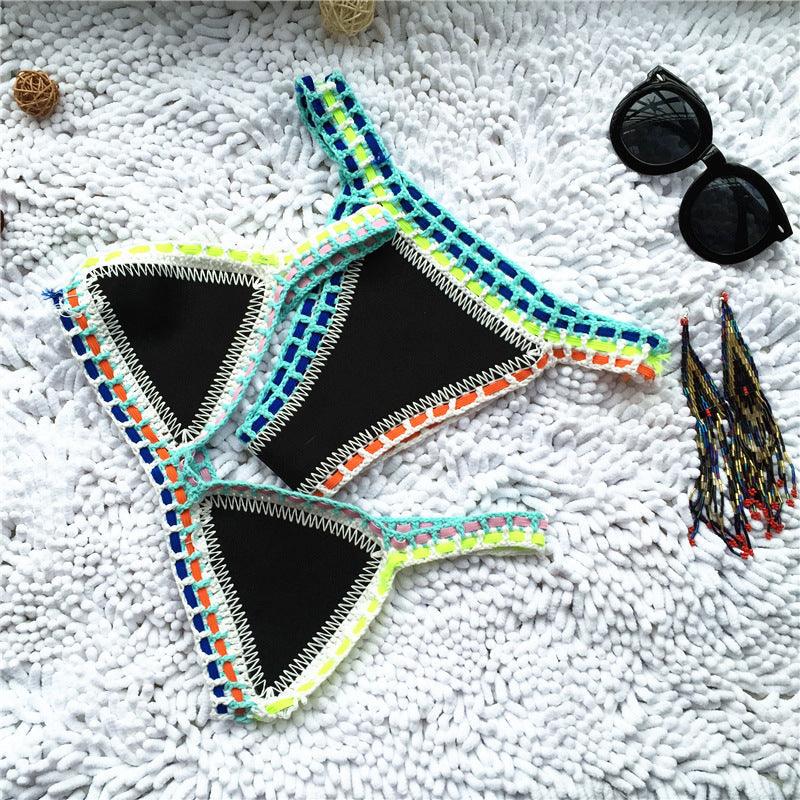 Maillot de bain bikini fait main en tricot au crochet pour femmes, ensemble deux pièces avec liens sur les côtés, maillot de bain triangle de plage