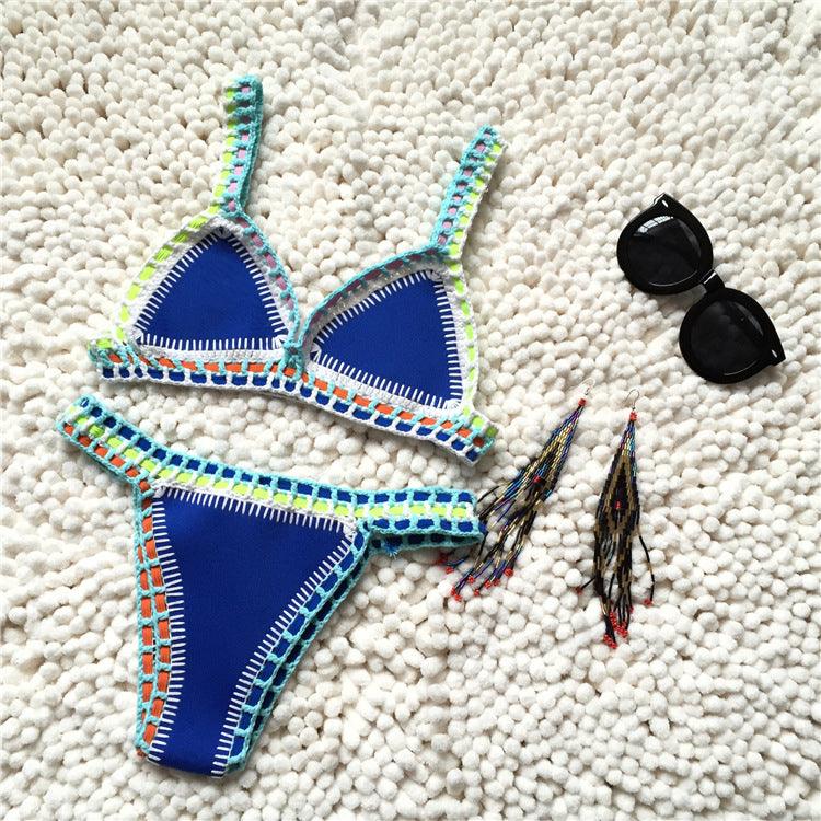 Maillot de bain bikini fait main en tricot au crochet pour femmes, ensemble deux pièces avec liens sur les côtés, maillot de bain triangle de plage