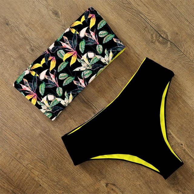Maillot de Bain Bikini Femme Imprimé Floral Taille Haute Ensemble Bikini Bretelles Croisées Maillot de Bain Femme Tenue de Plage Maillots de Bain Bikini Femme Deux Pièces sans Bretelles