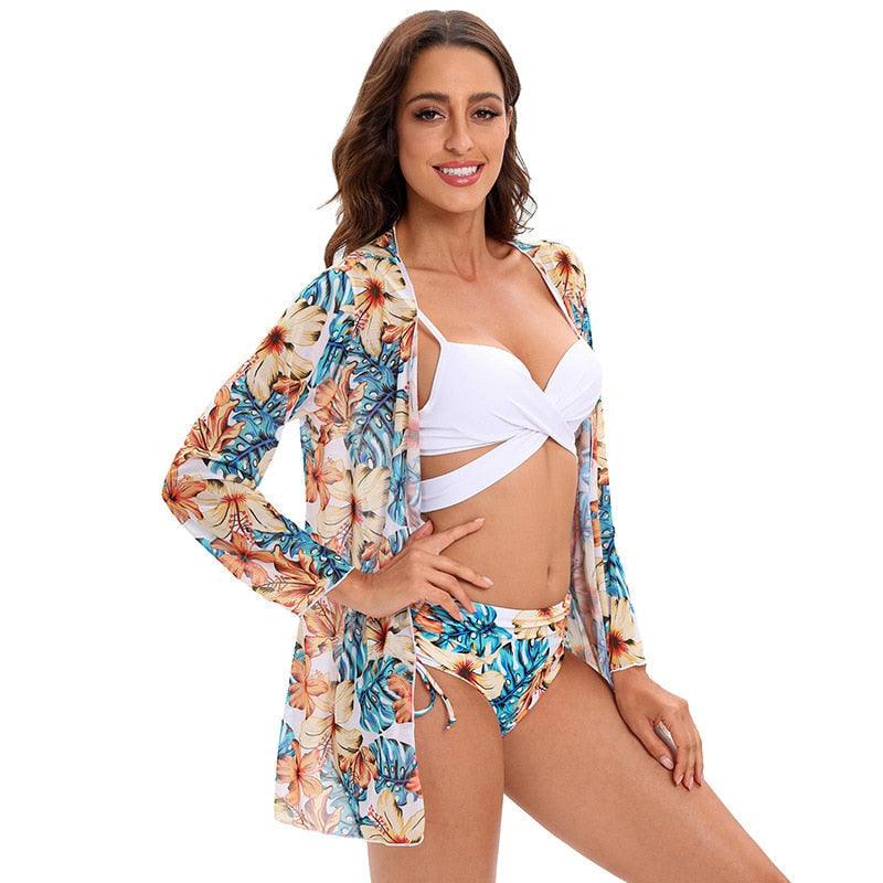 Maillot de bain push-up 3 pièces pour femme avec paréo, ensemble bikini 3 pièces tendance pour femme avec haut tie-dye, jupe paréo, maillot de bain push-up
