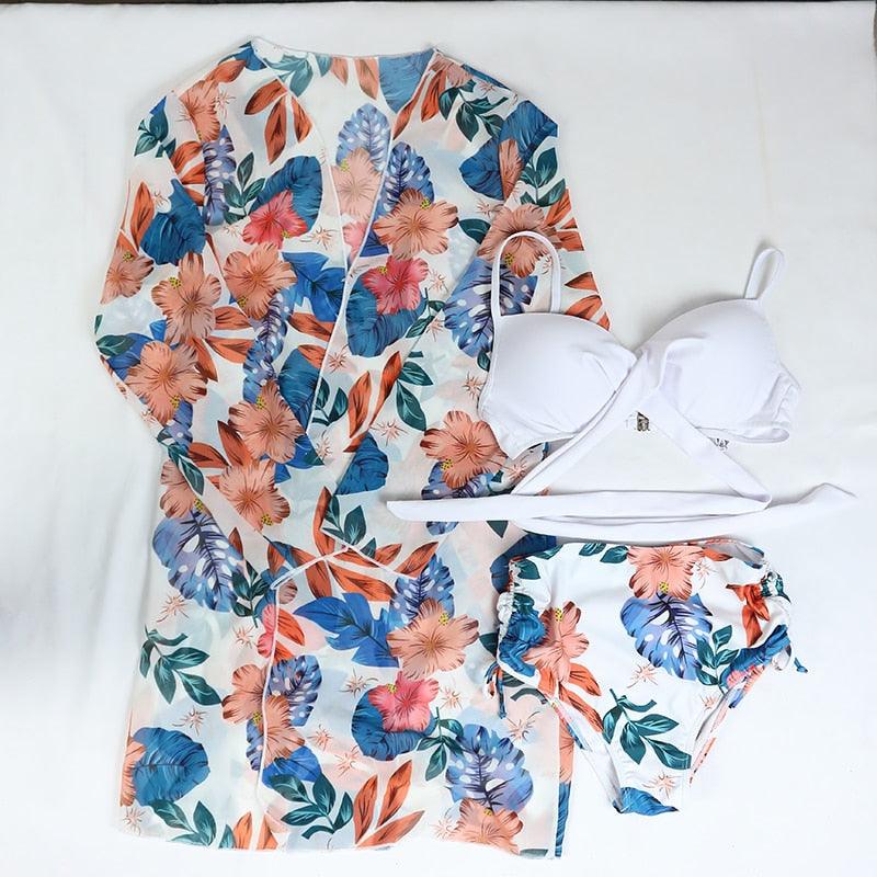 Maillot de bain push-up 3 pièces pour femme avec paréo, ensemble bikini 3 pièces tendance pour femme avec haut tie-dye, jupe paréo, maillot de bain push-up