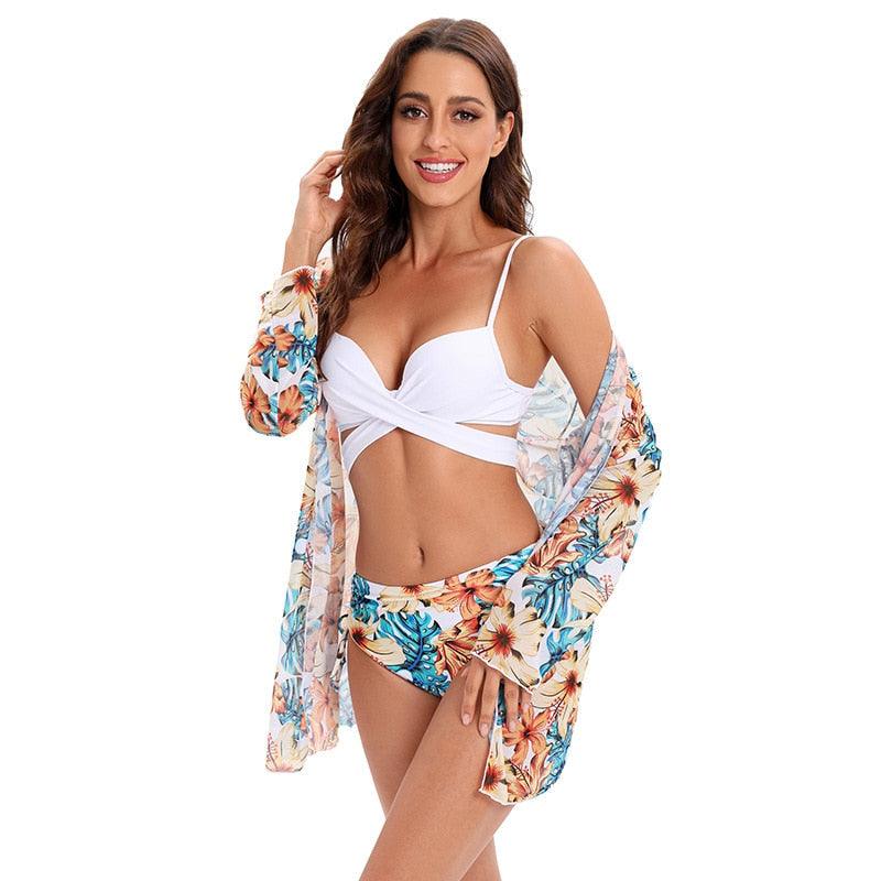 Maillot de bain push-up 3 pièces pour femme avec paréo, ensemble bikini 3 pièces tendance pour femme avec haut tie-dye, jupe paréo, maillot de bain push-up