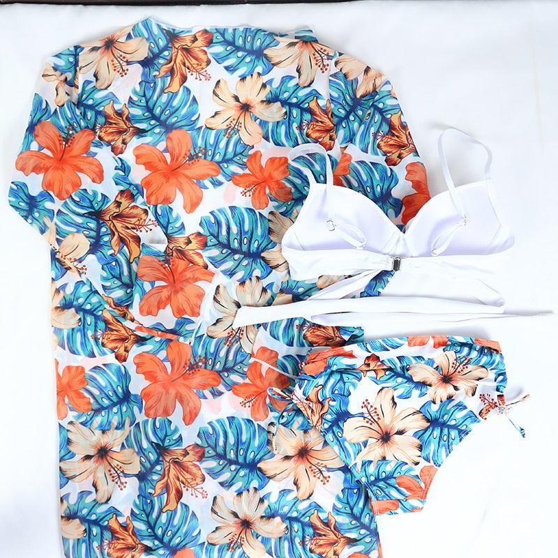 Maillot de bain push-up 3 pièces pour femme avec paréo, ensemble bikini 3 pièces tendance pour femme avec haut tie-dye, jupe paréo, maillot de bain push-up