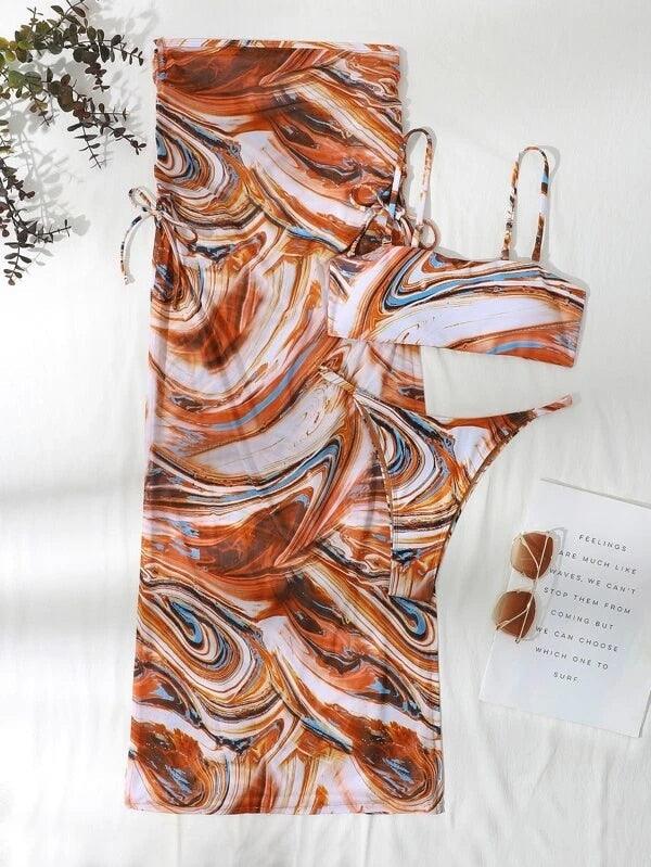 Maillot de bain push-up 3 pièces pour femme avec paréo, ensemble bikini 3 pièces tendance pour femme avec haut tie-dye, jupe paréo, maillot de bain push-up