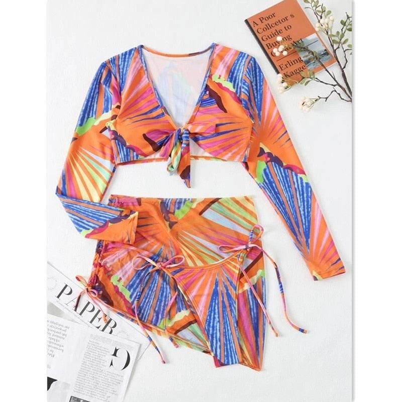Maillot de bain push-up 3 pièces pour femme avec paréo, ensemble bikini 3 pièces tendance pour femme avec haut tie-dye, jupe paréo, maillot de bain push-up