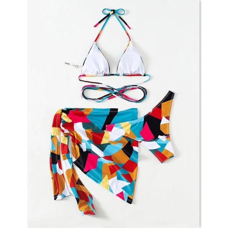 Maillot de bain push-up 3 pièces pour femme avec paréo, ensemble bikini 3 pièces tendance pour femme avec haut tie-dye, jupe paréo, maillot de bain push-up