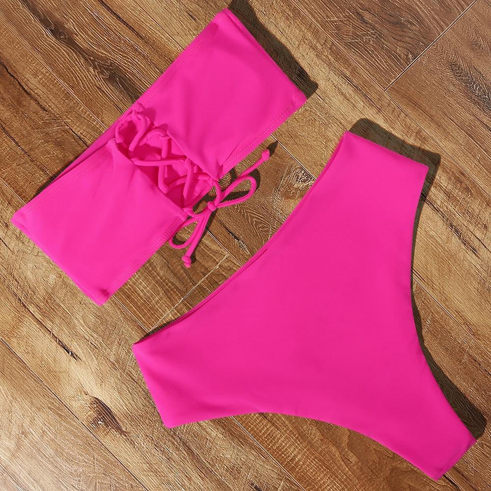 Maillot de Bain Bandage Bikini Femmes Maillot de Bain Taille Haute Ensemble Bikini Maillot de Bain Push Up Femmes Bretelles Spaghetti Bandeau Laçage Taille Haute Ensemble Bikini 2 Pièces