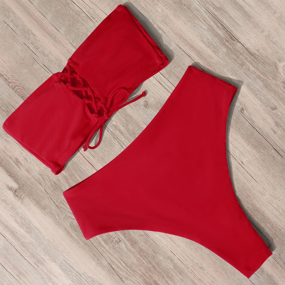 Maillot de Bain Bandage Bikini Femmes Maillot de Bain Taille Haute Ensemble Bikini Maillot de Bain Push Up Femmes Bretelles Spaghetti Bandeau Laçage Taille Haute Ensemble Bikini 2 Pièces