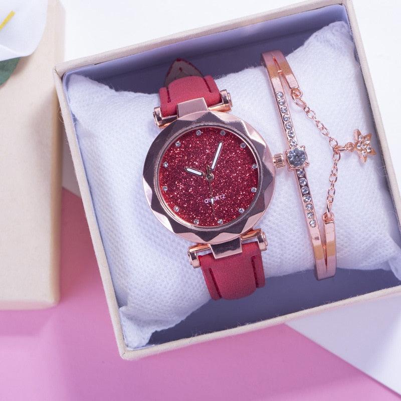 Montre étudiante de luxe brillante pour femme Montre à quartz étoilée Montre décontractée de mode pour femme Ensemble bracelet Cadran femme Enfants Ensemble montre bracelet Bracelet en cuir Montres à quartz de luxe