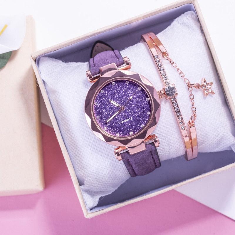 Montre étudiante de luxe brillante pour femme Montre à quartz étoilée Montre décontractée de mode pour femme Ensemble bracelet Cadran femme Enfants Ensemble montre bracelet Bracelet en cuir Montres à quartz de luxe