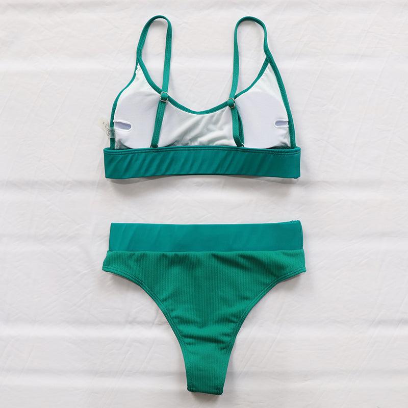Maillots de bain côtelés taille haute pour femmes, bikinis push-up pour femmes, maillots de bain à col dégagé pour femmes, ensembles de bikinis taille haute 2 pièces, maillots de bain à bretelles unies, ensemble pour femmes