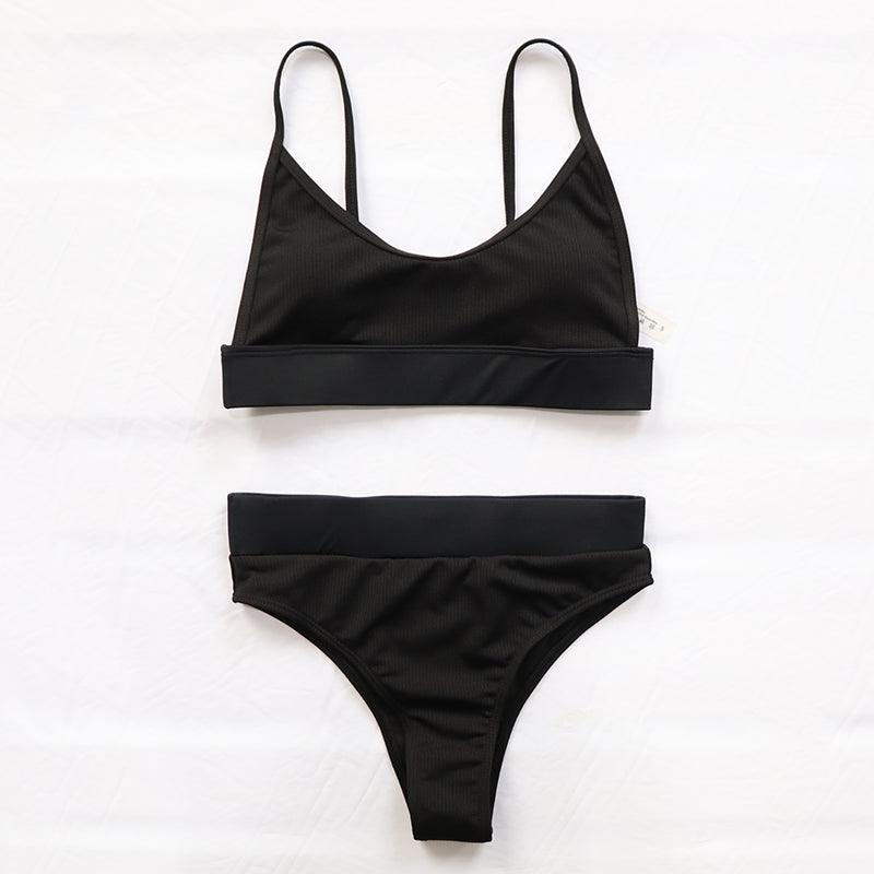 Maillots de bain côtelés taille haute pour femmes, bikinis push-up pour femmes, maillots de bain à col dégagé pour femmes, ensembles de bikinis taille haute 2 pièces, maillots de bain à bretelles unies, ensemble pour femmes
