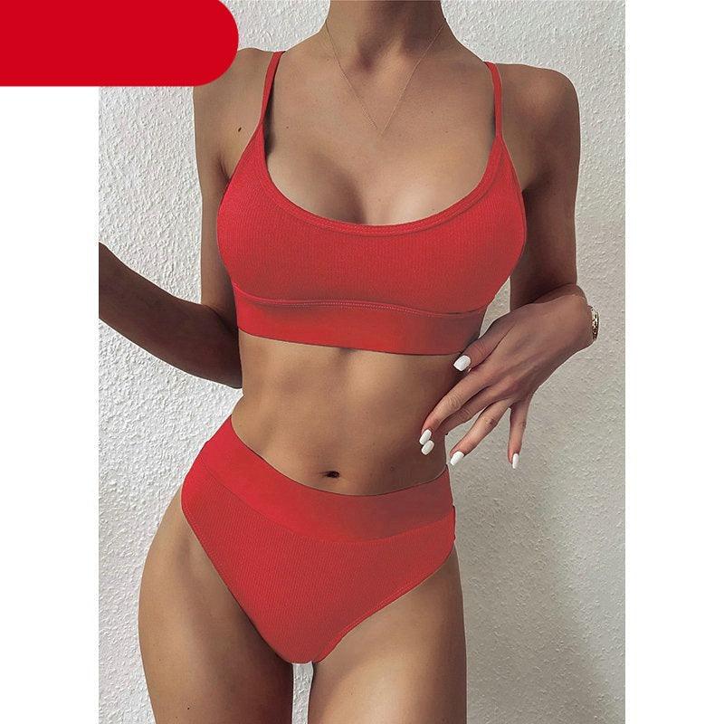 Maillots de bain côtelés taille haute pour femmes, bikinis push-up pour femmes, maillots de bain à col dégagé pour femmes, ensembles de bikinis taille haute 2 pièces, maillots de bain à bretelles unies, ensemble pour femmes