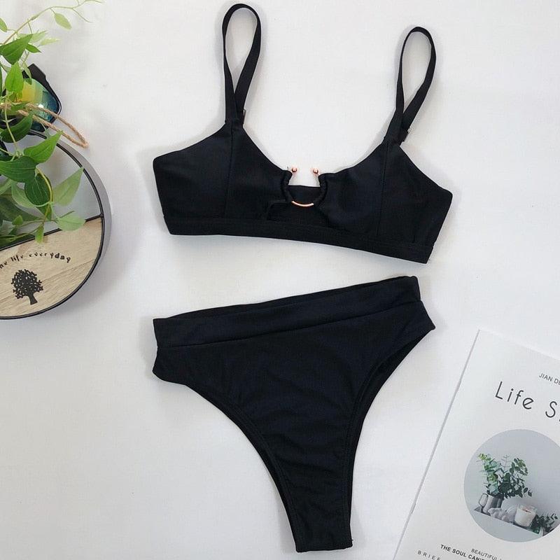 Maillot de bain bikini taille haute pour femme, ensemble bikini deux pièces avec anneau en métal et bandage croisé, découpes, attache dorsale, string, maillot de bain