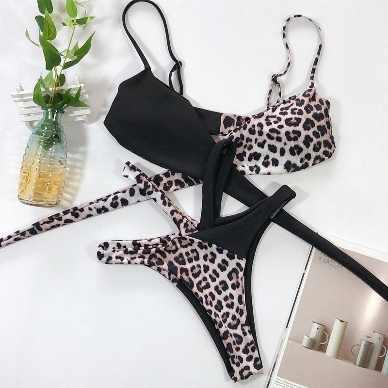 Maillot de bain bikini taille haute pour femme, ensemble bikini deux pièces avec anneau en métal et bandage croisé, découpes, attache dorsale, string, maillot de bain