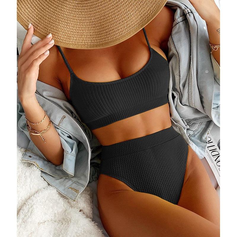 Maillots de bain taille haute bikinis femmes push-up maillots de bain ensembles bikini taille haute unis maillot de bain sportif deux pièces maillot de bain col rond pour femmes maillots de bain côtelés coupe haute vêtements de plage d'été