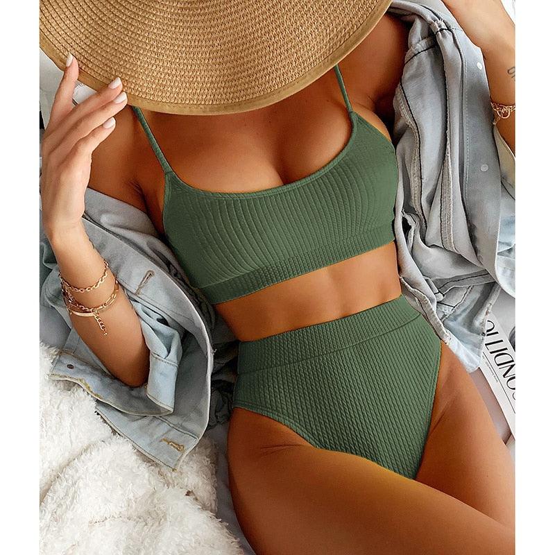 Maillots de bain taille haute bikinis femmes push-up maillots de bain ensembles bikini taille haute unis maillot de bain sportif deux pièces maillot de bain col rond pour femmes maillots de bain côtelés coupe haute vêtements de plage d'été