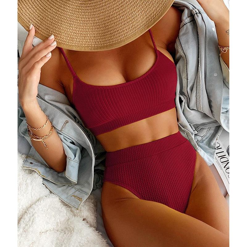 Maillots de bain taille haute bikinis femmes push-up maillots de bain ensembles bikini taille haute unis maillot de bain sportif deux pièces maillot de bain col rond pour femmes maillots de bain côtelés coupe haute vêtements de plage d'été