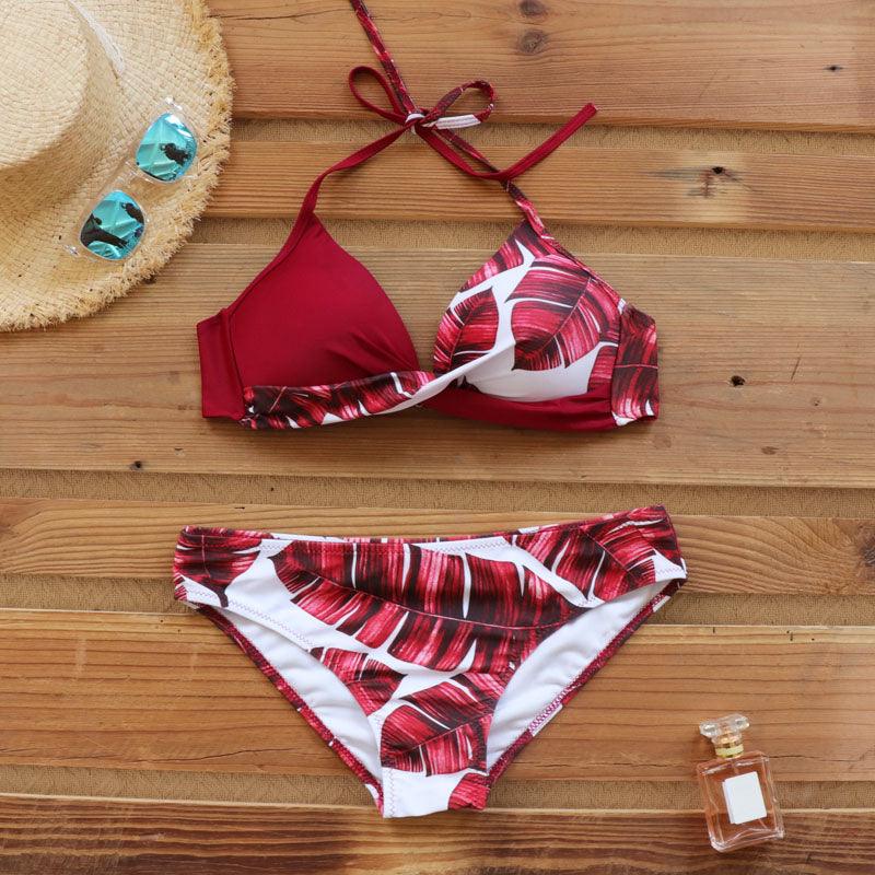 Maillot de Bain Femme Push Up Bikinis Maillots de Bain Femme Push Up Dos Nu Bandage Bikini Imprimé Floral Bas de Maillot de Bain Deux Pièces Maillots de Bain Femme Dos Nu Imprimé Feuilles Vêtements de Plage Grande Taille