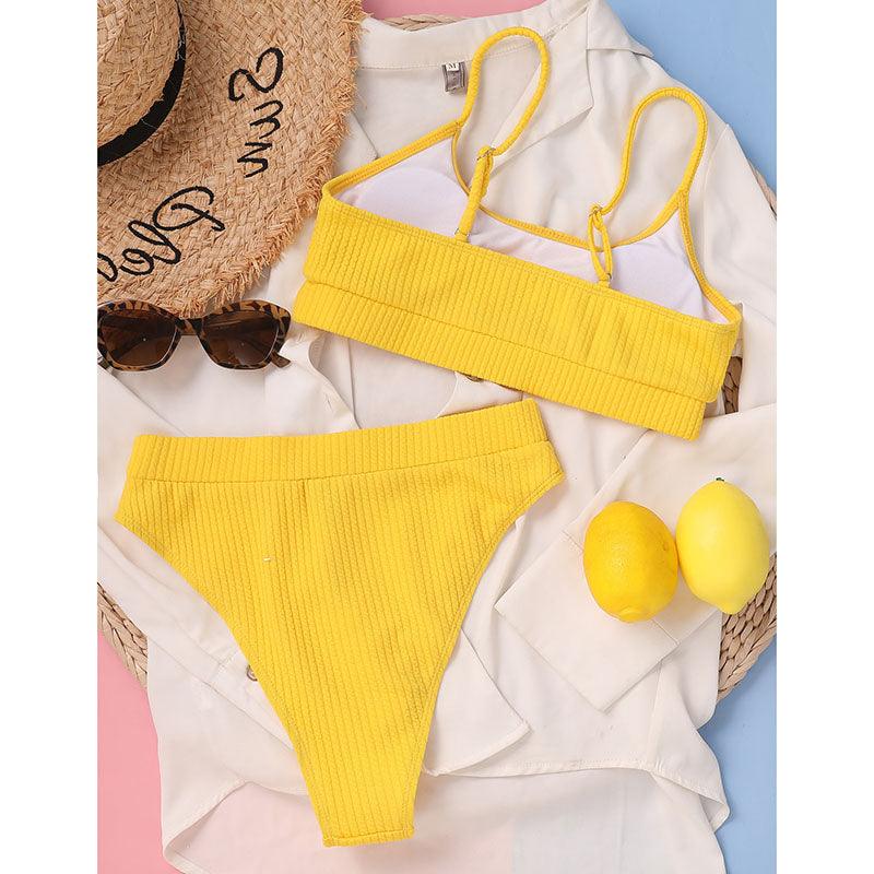 Maillots de bain taille haute bikinis femmes push-up maillots de bain ensembles bikini taille haute unis maillot de bain sportif deux pièces maillot de bain col rond pour femmes maillots de bain côtelés coupe haute vêtements de plage d'été