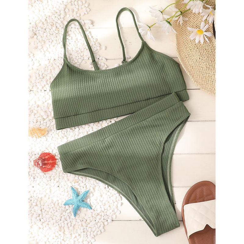 Maillots de bain taille haute bikinis femmes push-up maillots de bain ensembles bikini taille haute unis maillot de bain sportif deux pièces maillot de bain col rond pour femmes maillots de bain côtelés coupe haute vêtements de plage d'été