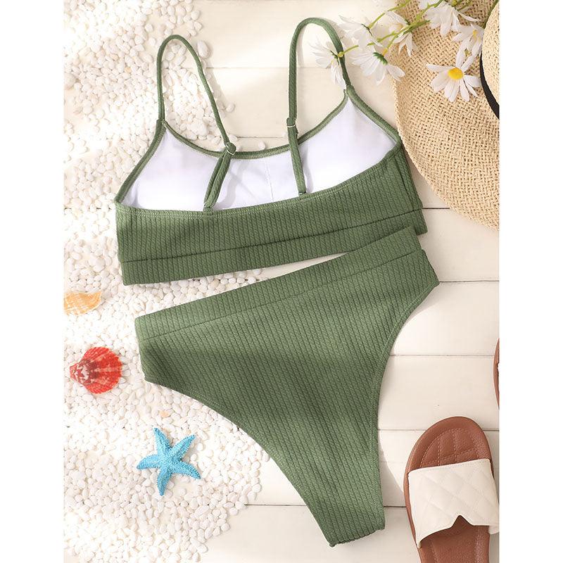 Maillots de bain taille haute bikinis femmes push-up maillots de bain ensembles bikini taille haute unis maillot de bain sportif deux pièces maillot de bain col rond pour femmes maillots de bain côtelés coupe haute vêtements de plage d'été