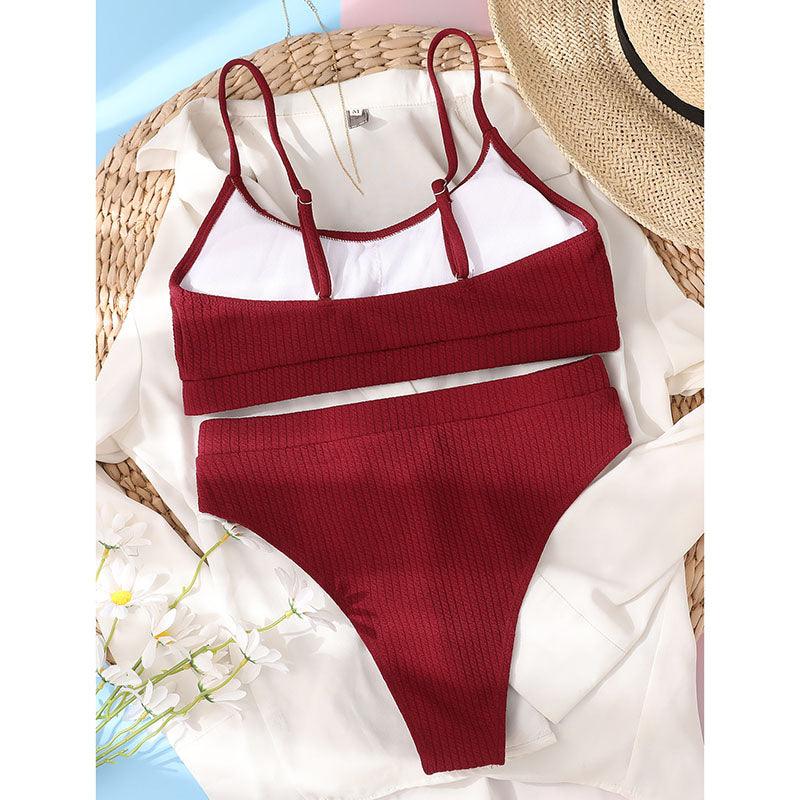 Maillots de bain taille haute bikinis femmes push-up maillots de bain ensembles bikini taille haute unis maillot de bain sportif deux pièces maillot de bain col rond pour femmes maillots de bain côtelés coupe haute vêtements de plage d'été