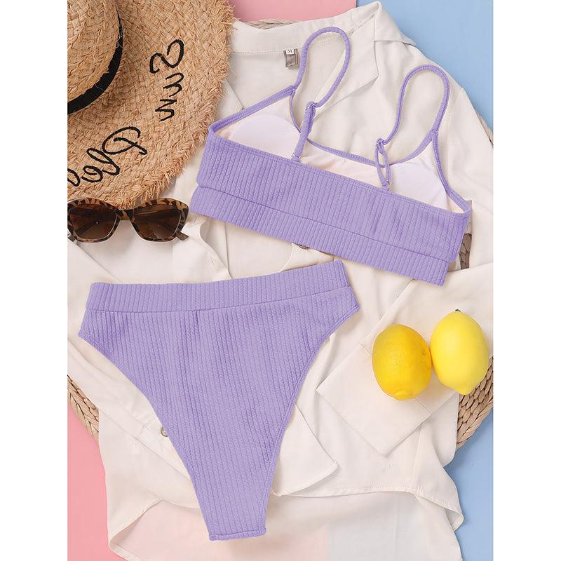 Maillots de bain taille haute bikinis femmes push-up maillots de bain ensembles bikini taille haute unis maillot de bain sportif deux pièces maillot de bain col rond pour femmes maillots de bain côtelés coupe haute vêtements de plage d'été