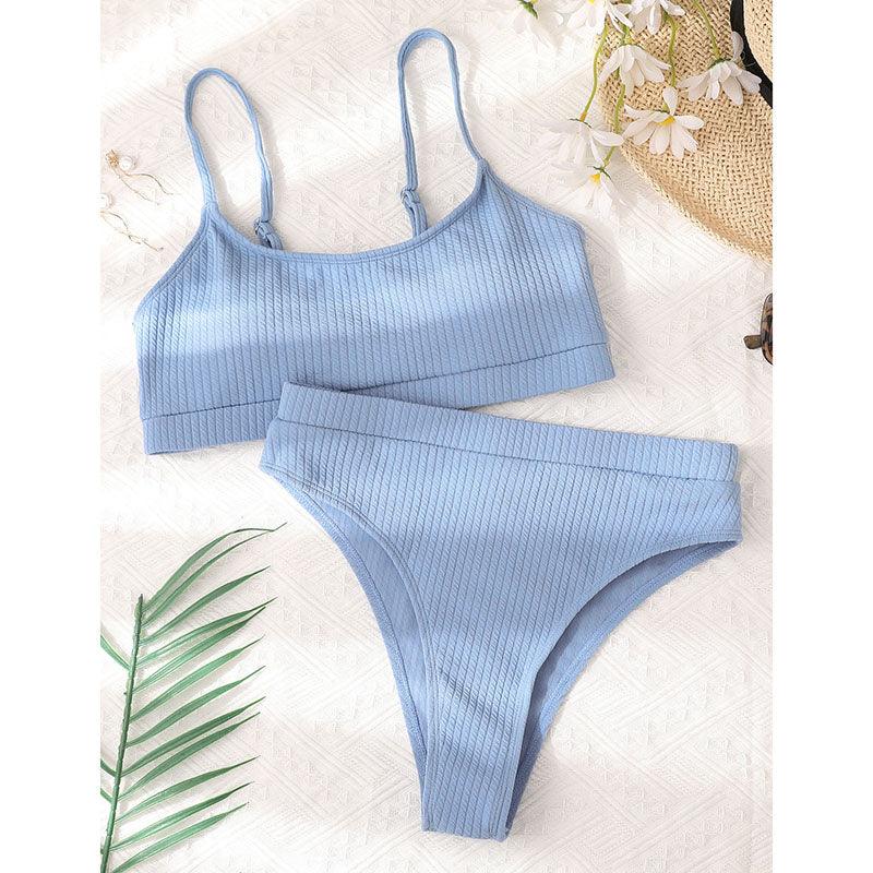 Maillots de bain taille haute bikinis femmes push-up maillots de bain ensembles bikini taille haute unis maillot de bain sportif deux pièces maillot de bain col rond pour femmes maillots de bain côtelés coupe haute vêtements de plage d'été