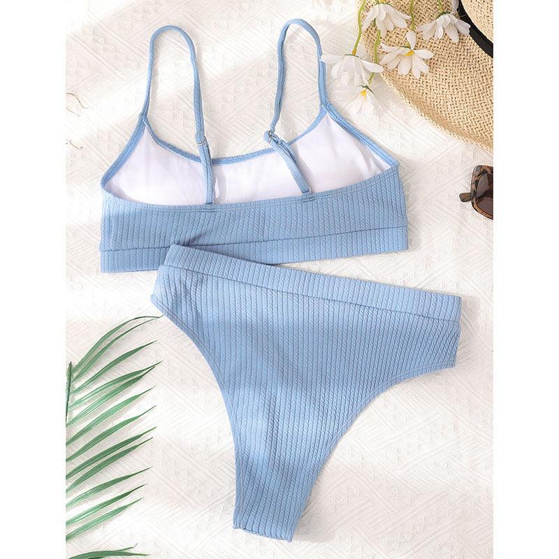 Maillots de bain taille haute bikinis femmes push-up maillots de bain ensembles bikini taille haute unis maillot de bain sportif deux pièces maillot de bain col rond pour femmes maillots de bain côtelés coupe haute vêtements de plage d'été