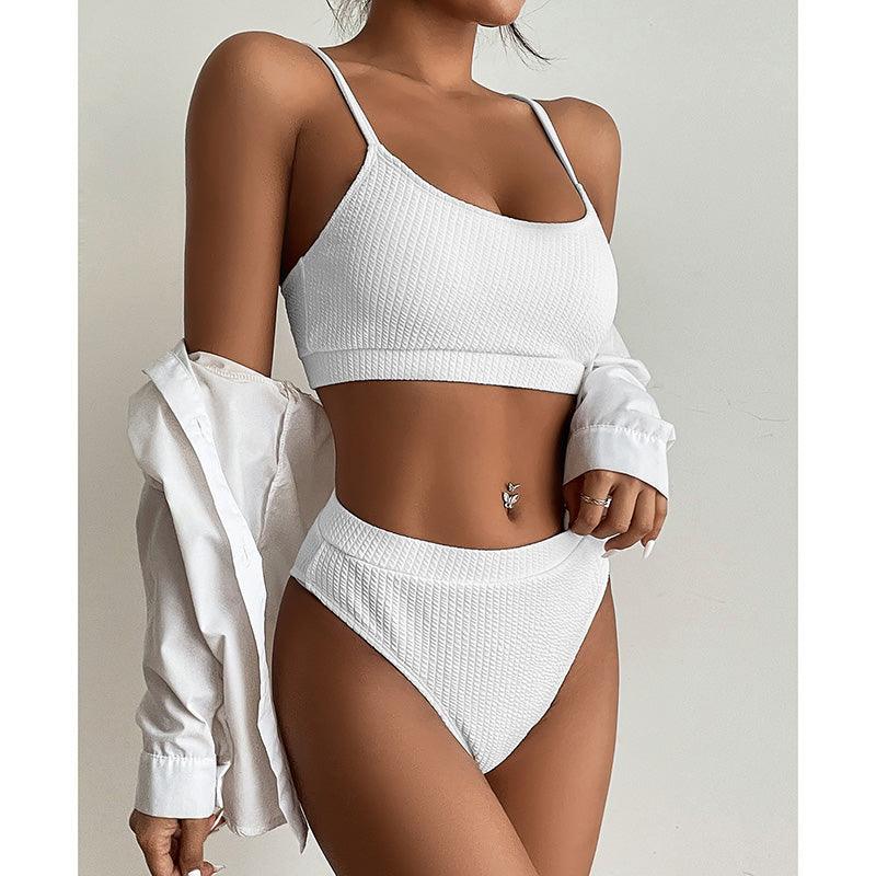 Maillots de bain taille haute bikinis femmes push-up maillots de bain ensembles bikini taille haute unis maillot de bain sportif deux pièces maillot de bain col rond pour femmes maillots de bain côtelés coupe haute vêtements de plage d'été