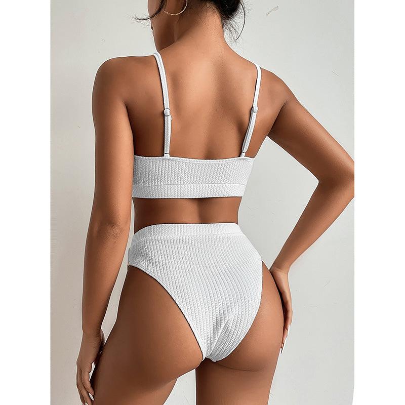 Maillots de bain taille haute bikinis femmes push-up maillots de bain ensembles bikini taille haute unis maillot de bain sportif deux pièces maillot de bain col rond pour femmes maillots de bain côtelés coupe haute vêtements de plage d'été