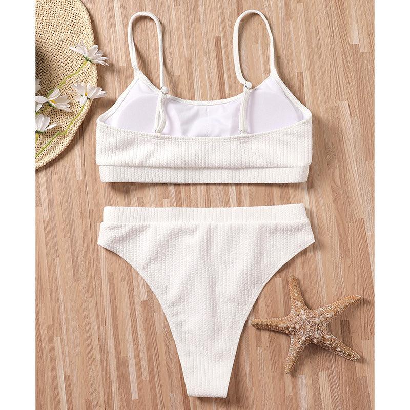 Maillots de bain taille haute bikinis femmes push-up maillots de bain ensembles bikini taille haute unis maillot de bain sportif deux pièces maillot de bain col rond pour femmes maillots de bain côtelés coupe haute vêtements de plage d'été