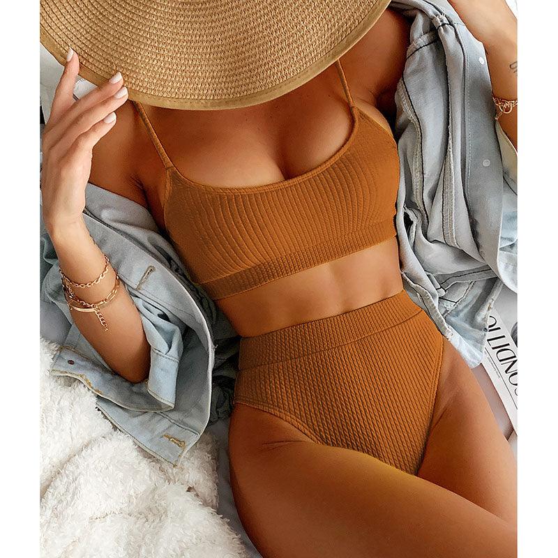 Maillots de bain taille haute bikinis femmes push-up maillots de bain ensembles bikini taille haute unis maillot de bain sportif deux pièces maillot de bain col rond pour femmes maillots de bain côtelés coupe haute vêtements de plage d'été