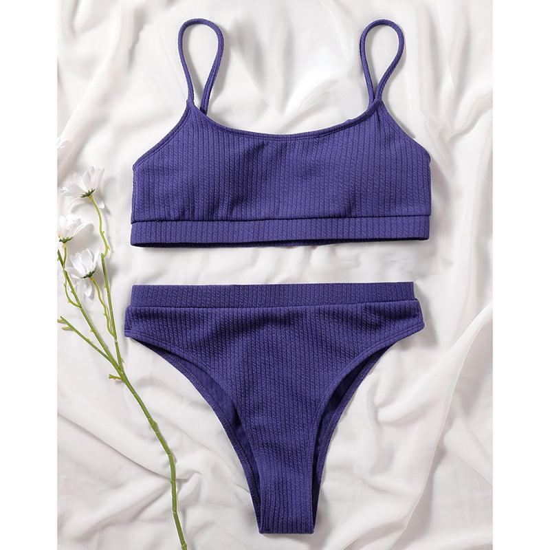 Maillots de bain taille haute bikinis femmes push-up maillots de bain ensembles bikini taille haute unis maillot de bain sportif deux pièces maillot de bain col rond pour femmes maillots de bain côtelés coupe haute vêtements de plage d'été