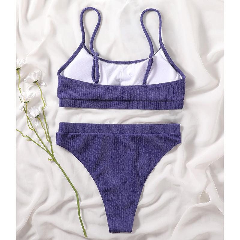 Maillots de bain taille haute bikinis femmes push-up maillots de bain ensembles bikini taille haute unis maillot de bain sportif deux pièces maillot de bain col rond pour femmes maillots de bain côtelés coupe haute vêtements de plage d'été