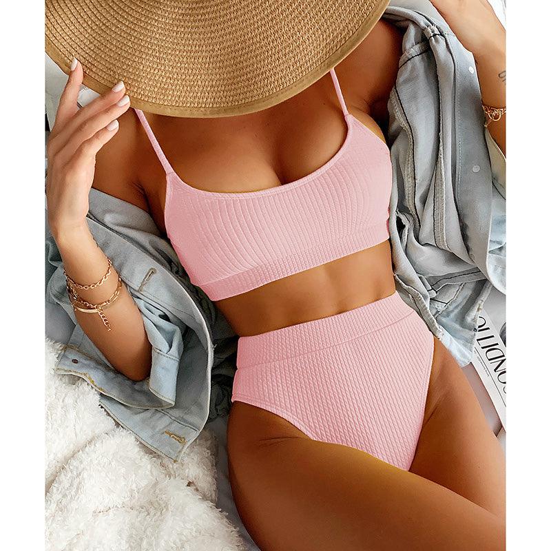 Maillots de bain taille haute bikinis femmes push-up maillots de bain ensembles bikini taille haute unis maillot de bain sportif deux pièces maillot de bain col rond pour femmes maillots de bain côtelés coupe haute vêtements de plage d'été