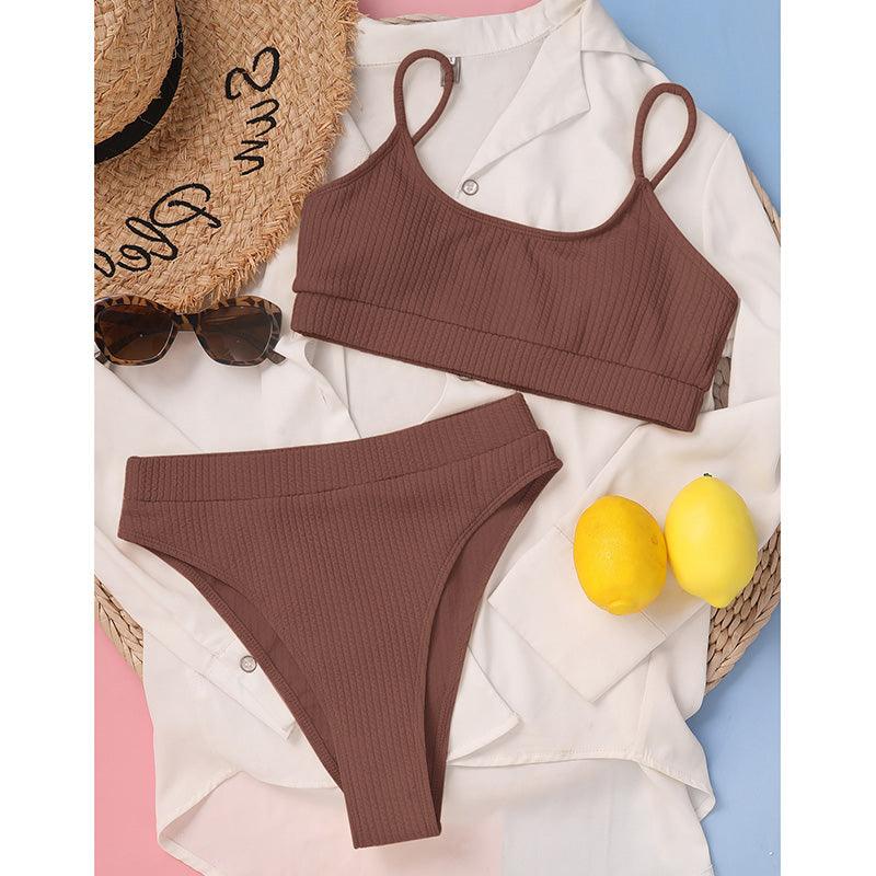 Maillots de bain taille haute bikinis femmes push-up maillots de bain ensembles bikini taille haute unis maillot de bain sportif deux pièces maillot de bain col rond pour femmes maillots de bain côtelés coupe haute vêtements de plage d'été