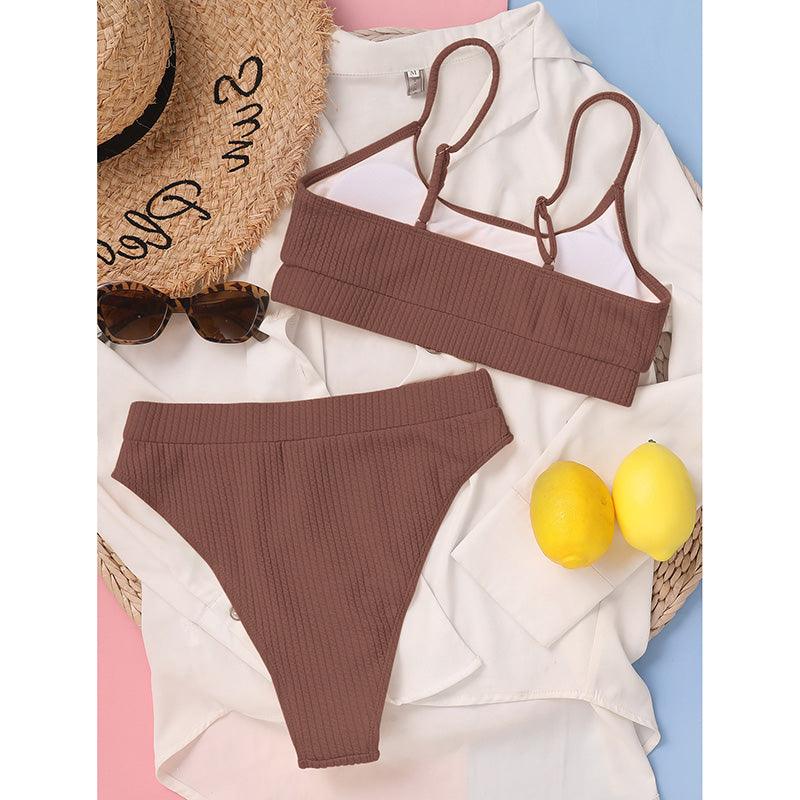 Maillots de bain taille haute bikinis femmes push-up maillots de bain ensembles bikini taille haute unis maillot de bain sportif deux pièces maillot de bain col rond pour femmes maillots de bain côtelés coupe haute vêtements de plage d'été