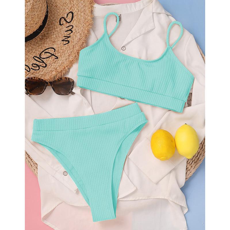Maillots de bain taille haute bikinis femmes push-up maillots de bain ensembles bikini taille haute unis maillot de bain sportif deux pièces maillot de bain col rond pour femmes maillots de bain côtelés coupe haute vêtements de plage d'été
