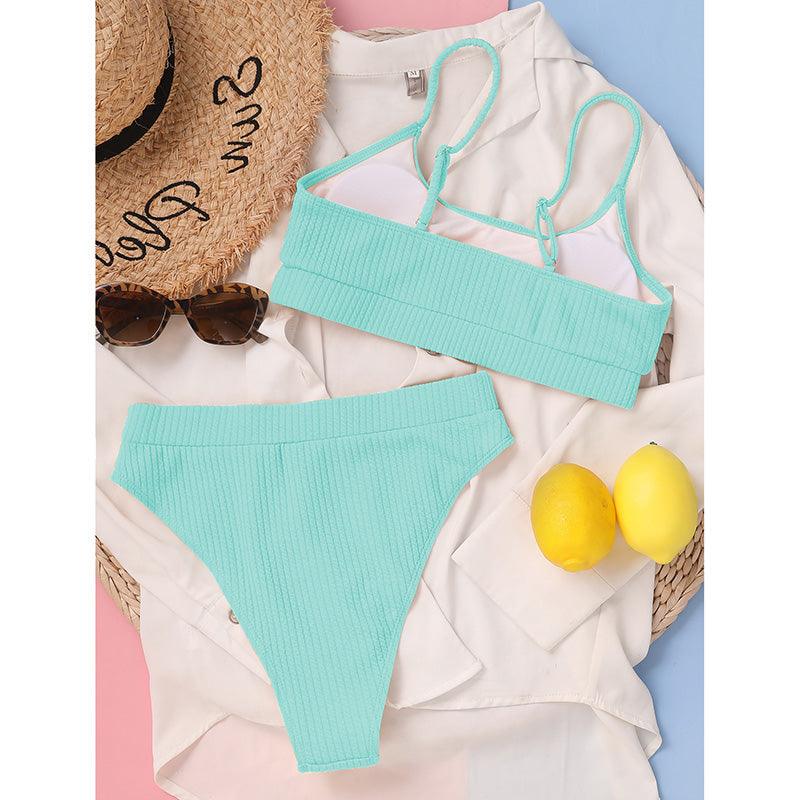 Maillots de bain taille haute bikinis femmes push-up maillots de bain ensembles bikini taille haute unis maillot de bain sportif deux pièces maillot de bain col rond pour femmes maillots de bain côtelés coupe haute vêtements de plage d'été