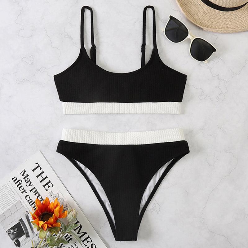 Maillots de bain taille haute bikinis femmes push-up maillots de bain ensembles bikini taille haute unis maillot de bain sportif deux pièces maillot de bain col rond pour femmes maillots de bain côtelés coupe haute vêtements de plage d'été